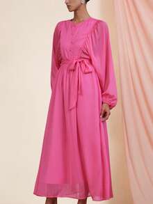 BELROSIE Vestido largo de manga farol de gasa brillante con cuello redondo versátil, lazo y botones, de manga larga y fluido, color rosa, para otoño/invierno - Rosa - Ver 3