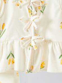 SHEIN Bộ đồ mùa hè cho bé gái, phong cách thường ngày, họa tiết hoa và bướm, gồm áo peplum không tay và quần ống rộng. - Màu be - Xem 5