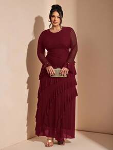 SHEIN BAE Đầm dài tay xòe thanh lịch dành cho nữ cỡ lớn, có viền bèo nhún, thích hợp cho mùa thu/đông. - Màu Đỏ Sâu - Xem 6