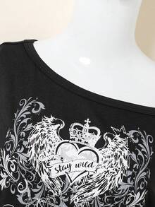 SHEIN Tween Girls Graphic Tee, Casual Loose Dark Personalized Cool Style Black Tops, Heart Wing Print Loose Short T-Shirt, Squishy Suitable For Summer Back To School Season, Daily Wear And Tops - Black - View 3