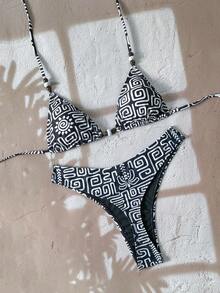 Swim Chiccia Women's All-Over Print Beaded Halter Neck Bikini Set Boho Bikini Set High Cut Bikini Pattern Bikini Triangl Bikini - Multicolor - View 1