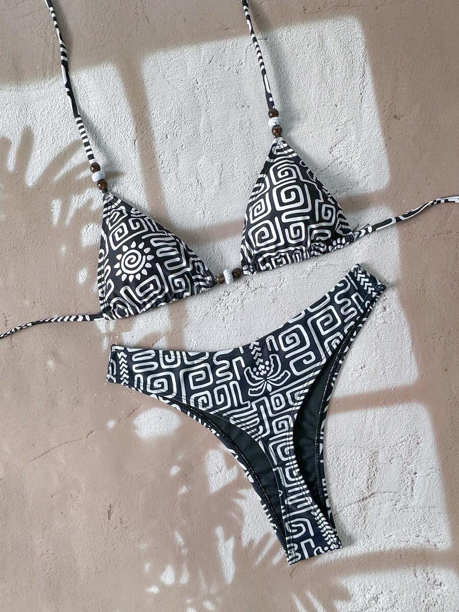 Swim Chiccia Women's All-Over Print Beaded Halter Neck Bikini Set Boho Bikini Set High Cut Bikini Pattern Bikini Triangl Bikini - Multicolor - View 1