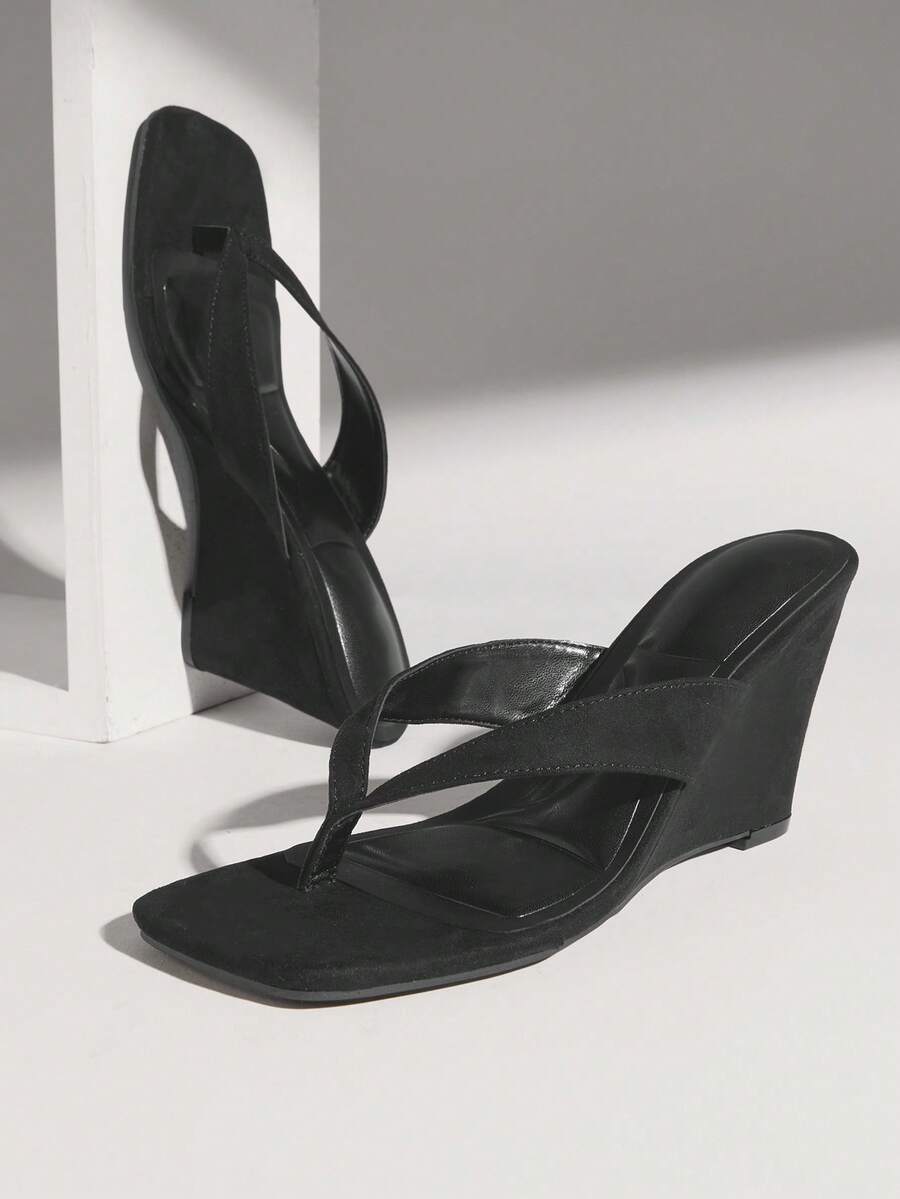 SHUZIA Women's Square Toe Thong T Strap Slide High Wedge Sandals - Black - View 1