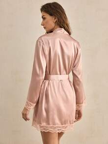 Charlaine Elegant French Satin Lace Women Robe - Dusty Pink - View 3
