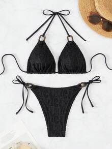 SHEIN Swim 女款紋理打結側面比基尼套裝，細帶沙灘泳裝夏季 - 黑色 - 查看 3