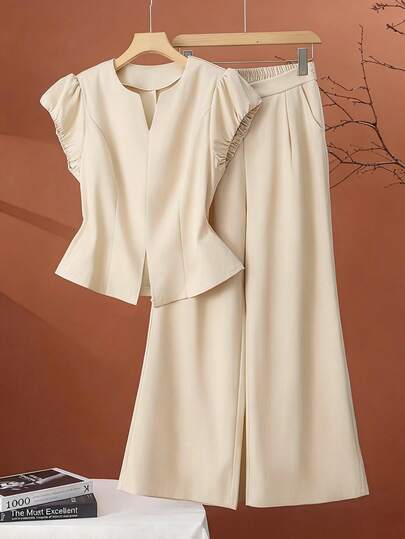 GlowEve CURVE Plus Size Women's V-Neck Cap Sleeve Blouse And Wide Leg Pants 2 Pieces Set, Spring/Summer Church Clothing For Women Cream Outfit Women Beige Outfits For Women Beige Two Piece Set Neutral Dresses For Women