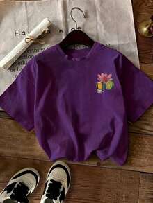 INAWLY Tequila Sunrise Cocktail Margarita Glass Beverage Lemon Flower Leaf Letter Print Round Neck Casual Women T-Shirt, Spring/Summer Casual Women T-Shirt - Purple - View 3