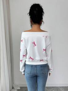 Selianne Elegant & Romantic Off Shoulder Long Sleeve Sweatshirt, Suitable For Vacation, Commute, And Everyday Wear - White - View 2