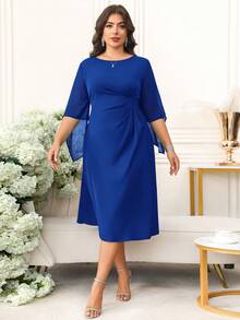 Reflora Vestido de línea A con cintura ceñida, mangas con volantes y unicolor elegante para mujer de talla grande - azul real - Ver 6