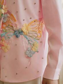 Anewsta Women's New Spring/Summer Long Sleeve Pink Embroidered Rhinestone Butterfly Elegant Luxurious Blouse, Refined Shirt - Pink - View 2