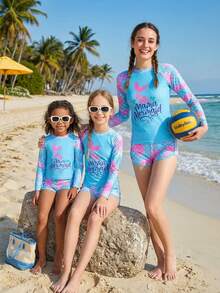 Baby Girl Mermaid Scale Print Long Sleeve Top And Shorts Beachwear Set