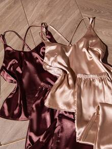 SHEIN 2pcs Set: Criss-Cross Back Spaghetti Strap Faux Silk Camisole Top And Long Pants Pajama Set - Multicolor - View 4