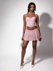 Amplova Women's Sequin Plaid Patchwork Camisole And Pleated Mini Skirt Fashion Set Cute Two Piece Set Skirt Two Piece Set - Pink - View 5