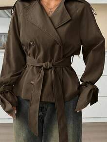 SHEIN EZwear 秋季女士休闲百搭咖啡棕色系带长袖风衣 - 咖啡棕 - 查看 7