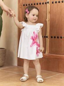 SHEIN Baby Girl Floral Cute Ruffle Hem Casual Vacation Everyday Versatile Dress - White - View 4