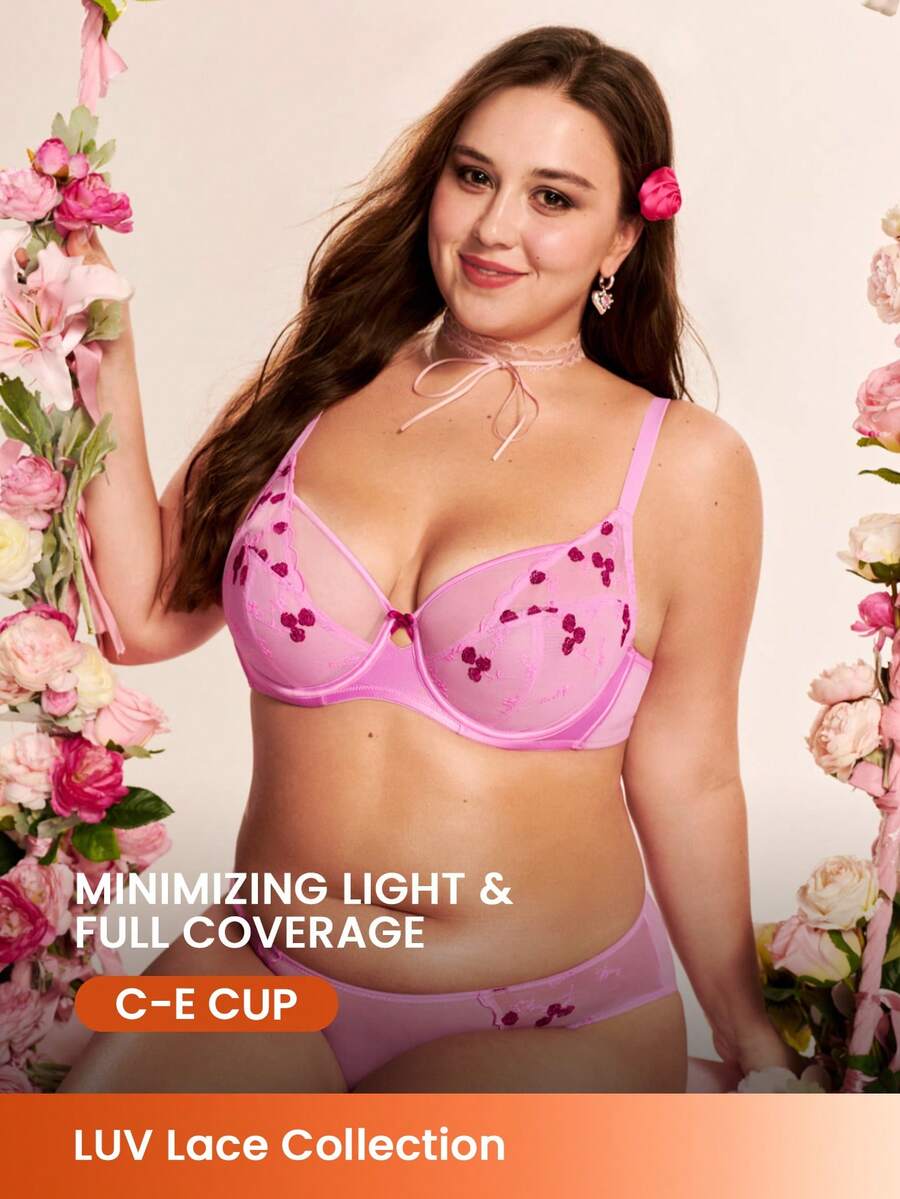 LUVLETTE Plus Valentine's Day Pink Rose Embroidered Elegance Lingerie Lounge Curve Full Coverage Breathable Sexy Unlined Pink Floral Lace Sheer Minimizer Mesh Bra GiftsBra - Pink - View 1