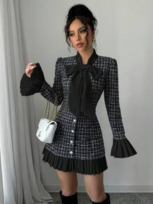 Selianne Women's Black And White Checkered Tweed Dress,Autumn Ellegant Office Urban Chic Pearl Button Long Sleeve Fitted Short Dress,Spring Bow Short Gown, Tall Women - Black - View 6