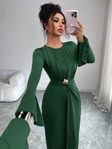 Elenzga Đầm xòe tay bồng thanh lịch dành cho nữ, trang trí kim loại, thích hợp cho mùa thu. - màu xanh lá - Xem 7
