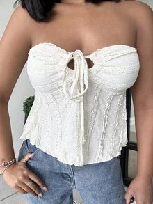 Alexandranx Women's Solid Color Cold Shoulder Tie-Front Ruffled Textured Top,Concert Women / Rave Festival / Country Concert ,Summer - Apricot - View 3