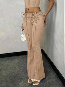 SHEIN BAE 女士休闲水洗低腰喇叭牛仔裤 - 卡其色 - 查看 4