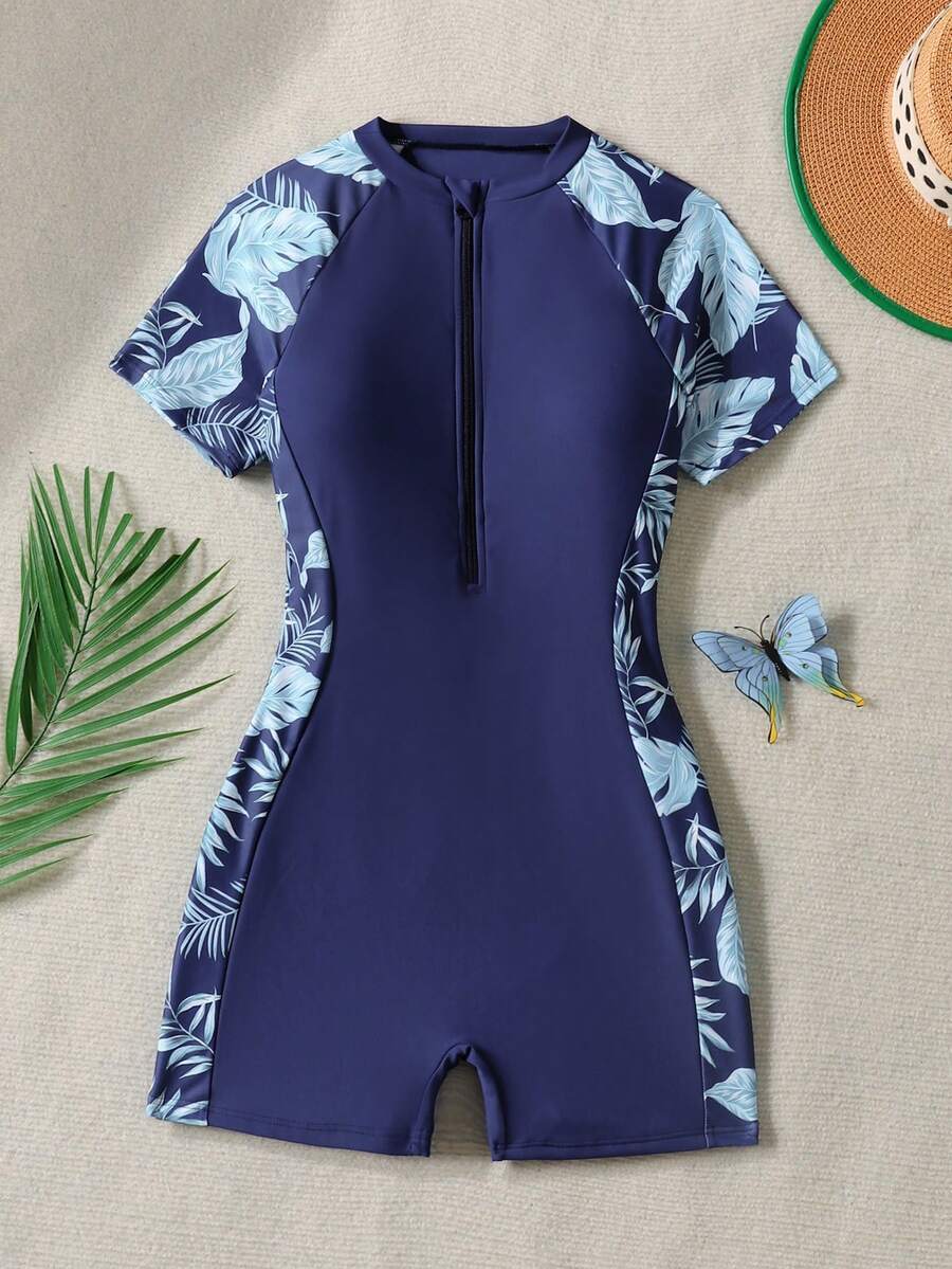 Áo tắm liền thân tay ngắn raglan khóa kéo phía trước in họa tiết lá nhiệt đới dành cho thiếu nữ, thích hợp cho kỳ nghỉ hè. - Màu xanh lam - Xem 1