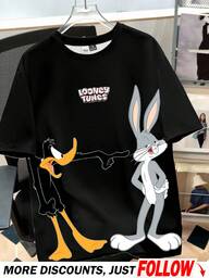 Looney Tunes X Manfinity Manfinity Joysei メンズカジュアルカートゥーンパターンクルーネック半袖Tシャツ、夏用