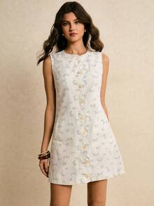 Poéselle Women's Ditsy Floral Single-Breasted Round Neck Sleeveless Fashionable Denim Dress - White - View 1