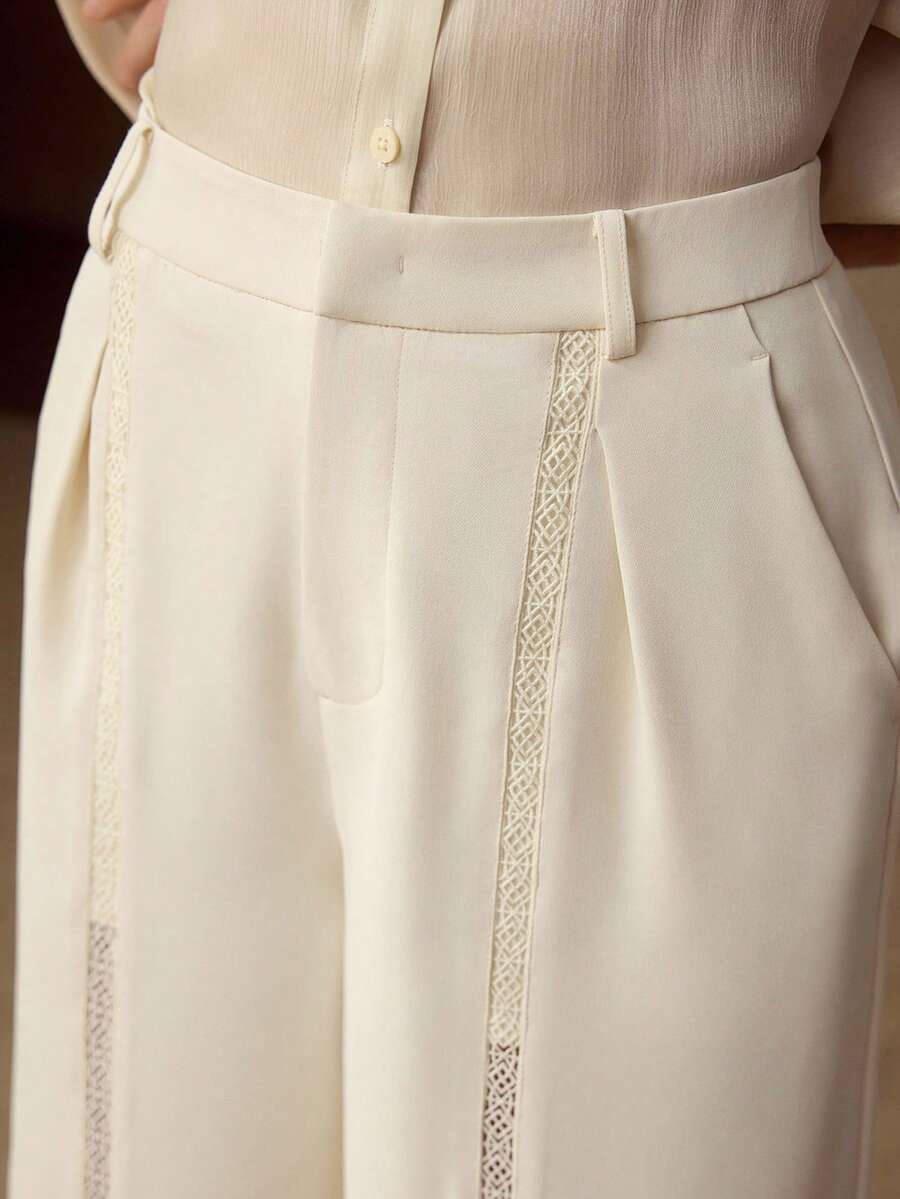 MOTF PREMIUM 撞色蕾丝褶裥直筒裤，春夏款 - 杏色 - 查看 2