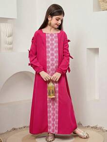 SHEIN Tween Girl Woven Solid Color Patchwork Striped Square Collar Bow Decor Long Sleeve Loose A-Line Maxi Dress, Suitable For Travel, Vacation, Countryside Style, Casual Resort, Bohemian, Matching Sister & Daughter Outfits - Blue - View 5
