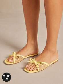 SHUZIA Sandal đế bằng lưới có nơ, dáng rộng, thoải mái dành cho nữ, thích hợp cho ngày Valentine. - Màu vàng - Xem 2