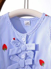 2pcs Baby Girls' Blue & White Striped Sleeveless Top With Embroidered Strawberry And Straight Leg Pants Set, Summer Children Countryside Cute Vacation Outfit - Blue - View 6