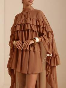 SHEIN Veneréa 女士优雅纯色雪纺层叠荷叶边裙 - 棕色 - 查看 1