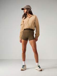 MISSGUIDED High Waisted Elastic Waistband Athletic Shorts With Side Pockets For Active Sports Running Gym Workout Training - Army Green - View 4