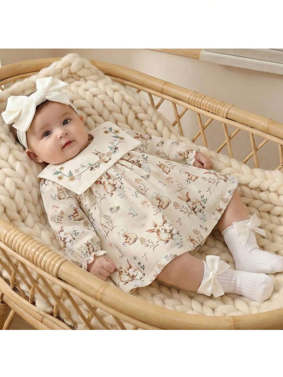 Loomiva Newborn Baby Girl Floral Print Colorblock Sailor Collar Long Sleeve Waist Dress - Multicolor - View 1