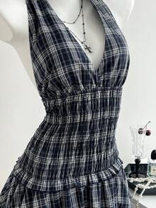 Elamini Women's Plaid Halter Casual Dress - Navy Blue - View 5