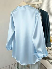INAWLY Women's Solid Color Front Button Pocket Casual Long Sleeve Shirt - Baby Blue - View 2