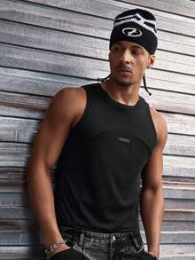 AXEPEAK Men's Letter Graphic Crew Neck Casual Versatile Tank Top - Black - View 5