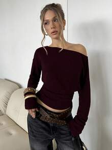SHEIN BAE Atasan Crop Top Wanita Kasual dengan Hem Asimetris, Warna Polos, Musim Semi/Gugur - Merah tua - View 7