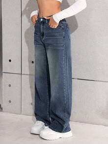 SHEIN 少女Y2K休闲基础款宽松蓝色牛仔裤，适合感恩节、秋冬季穿着。 - 深色水洗藍 - 查看 6