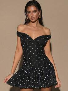 SHEIN BAE Women's Polka Dot Print Minimalist Daily Wear Off Shoulder Dress,Spring,Summer Dress,Spring Outfit Women ,Summer Outfit For Women, Valentine's Day,Valentine Outfits For Women ,Elegant ,Vacation Outfits Women ,Summer Holiday Outfits ,Casual,Beach Outfit For Women,Polka Dot Dress, - Black - View 2