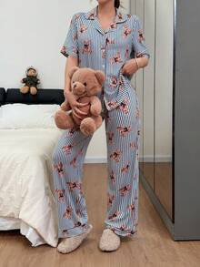 SHEIN Napfluff Women's Casual Loose Striped Bear Print Lapel Short Sleeve Pajama Set - Blue - View 2