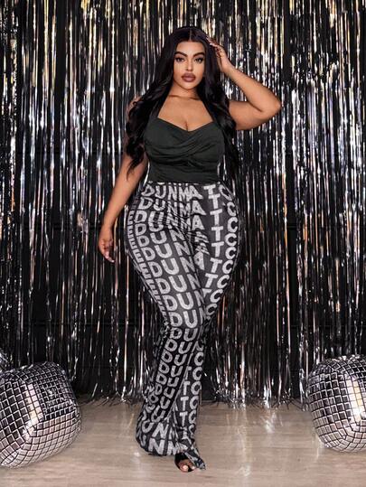 Slaydiva 2025新款夏季字母印花弹力腰开衩喇叭裤，大码