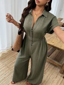 Weeklong Plus Size Women's Spring/Summer Shirt Collar Rivet Decor Elastic Waist Casual Jumpsuit For Vacation & Commute