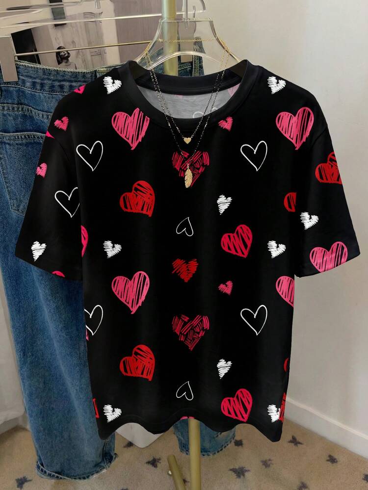 SHEIN LUNE 休闲简约情人节爱心图案圆领宽松女式T恤 - 彩色 - 查看 6