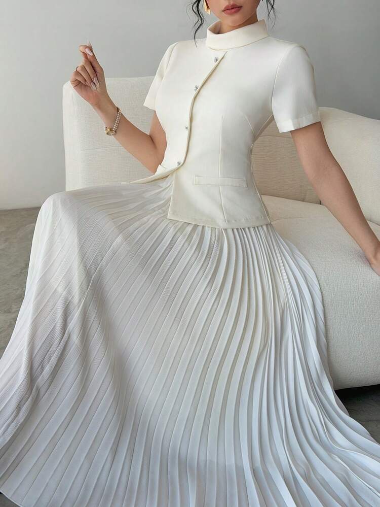 Women's Solid Color Short Sleeve Single-Breasted Pleated Hem Elegant Dress Spring Summer Sundress