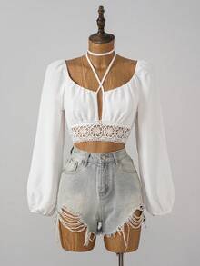 Franclia Summer Vacation Bubble Long Sleeve Sexy V-Neck Tie-Up Floral Hem Cropped Women's Shirt, Backless Criss-Cross Strap, White Blouse, Women Beach Outfit - White - View 4