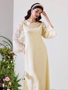 Al Najma Elegant Butter-Yellow Dress In Arabic Style For Women, With A Gorgeous Beaded Embroidered Collar And 3D Butterfly Sequin Embroidery. - Yellow - View 7
