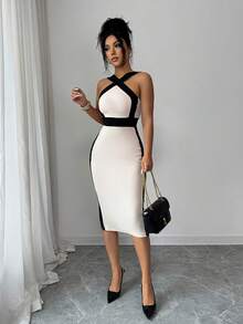 Rafferiza Women's Criss-Cross Color Block Fitted Midi Dress,Black And White Summer Elegant Party Bodycon Bandage Dress For Casual And Date Wear - Apricot - View 7