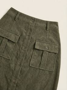 Aveloria Modichic Ladies' Solid Color Button Up Shirt And Split Hem Skirt Set  - Army Green - View 3