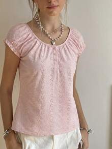 INAWLY Áo kiểu nữ dáng suông cổ tròn xếp ly màu trơn, phong cách thường ngày đi nghỉ mát, hiệu Schiffy, thích hợp cho mùa hè. - Hồng - Xem 5